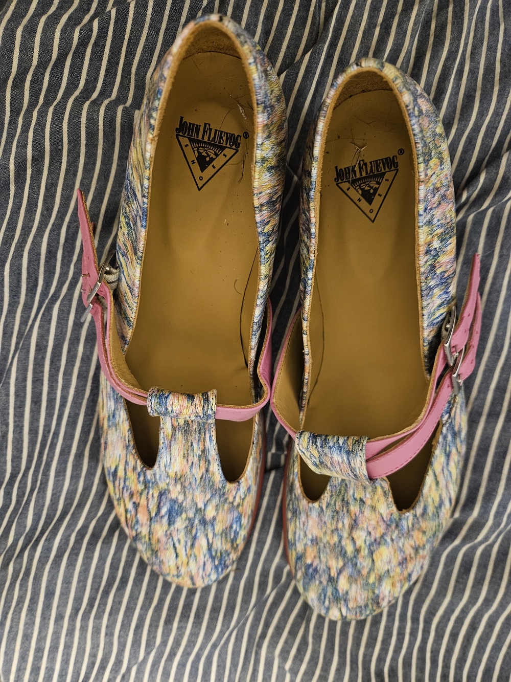 John Fluevog Multicolor Mary Jane Heels with Pink Strap